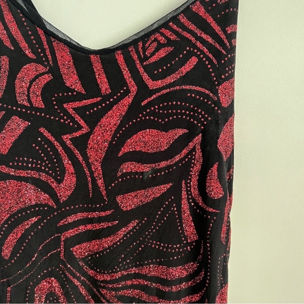 Y2K Black Red Glitter Asymmetrical Dress Ruffle Hem Spaghetti Strap Party Dress - Picture 8 of 14